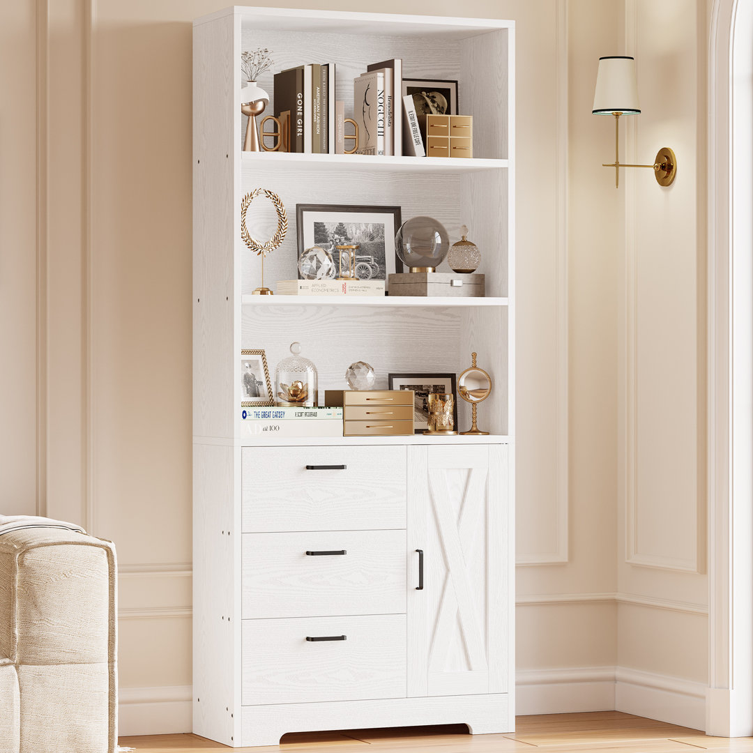 Modern Style 71" H Wooden White Bookshelf And Bookcase With Door And 3 Drawers,3-tier Open Display Shelves
